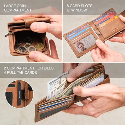 Soft Leather Wallet for Men – Genuine Bifold with Zipper Coin Pocket – Holds Bills, Credit Cards, Coins – RFID Blocking Protection – Stylish, Durable & Practical Leather Wallet for Men - color: Black - Camel