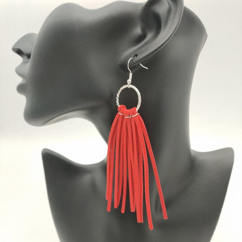 Bohemian Statement Light Weight Fringe Leather Earrrings Triangle Deerskin Leather Boho Western Statement Dangel Earrings for Women - color: Wine Red
