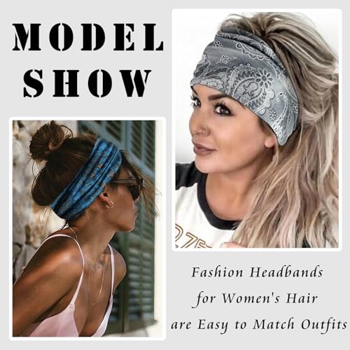 FULZTEY Boho Headbands for Women Fashion Paisley Head Band Floral Wide Headwraps Large African Thick Turban Non Slip Yoga Workout Sweat Hairband Knotted Bandanas for Hair Accessories 4Pcs - color: Style 110