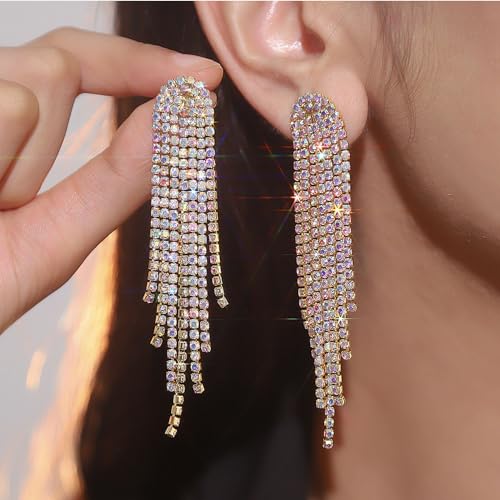 Rhinestone Tassel Earrings Sparkly Long Fringe Crystal Chandelier Dangle Drop Earrings Wedding Party Prom Earrings Premium Iridescent Earrings Wedding Party Jewelry Gifts for Women - color: Gold1