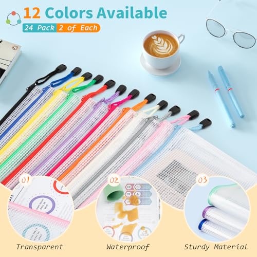 Umriox 24 Pack 12 Colors Zipper Pouches for Organizing, Letter Size, A4 Size, Zipper Bags for Puzzles & Board Game Storage, Office Supplies Travel Toiletries - style: A4-24P