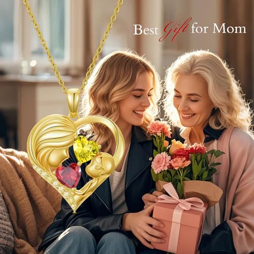 Mothers Day Gifts 14K Yellow Gold Mother Daughter Heart Pendant Necklace with 12 Months Birthstone Birthday Gifts for Mom Anniversarry Jewelry for Mom Wife Girlfriend - color: 01-11-Jan-Nov Birthstone
