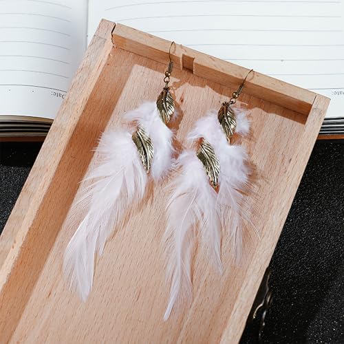 Feather Earrings for Women Bohemian Fringe Tassel Long Drop Dangle Earrings Lightweight Boho Statement earrings - color: white