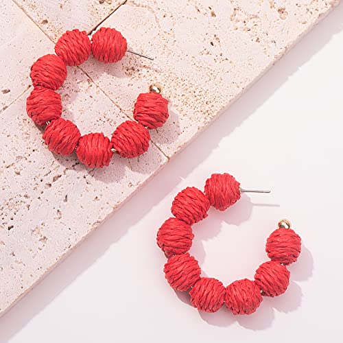 Raffia Hoop Earrings Statement Boho Beaded Earrings Cute Rattan Handmade Colorful Jewelry for Women Unique Summer Outfits - color: Red