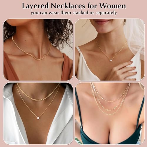 WomenGifts Layered Gold Necklaces for Women, 14K Gold Sterling Silver Plated Dainty Pendant Necklace Set Non Tarnish, Chunky Stackable Cuban Chain Choker, Trendy Birthstone Vacation Jewelry Gift - color: Gold, style: Cubic Zirconia