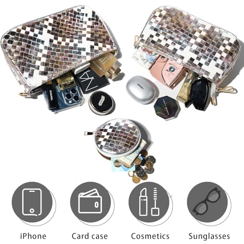 Handmade Woven Small Crossbody Bag for Women with Coin Purse, Designer Shoulder Handbag 3pcs Set, Mini Tote Clutch - color: Silver Multicolor
