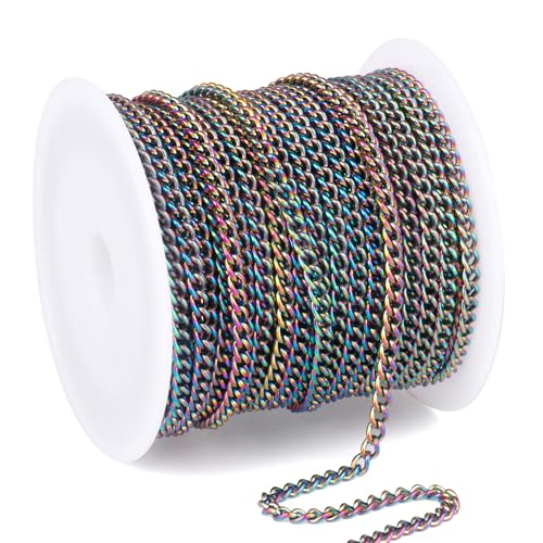 33FT Colorful Stainless Steel Curb Chains Roll, 3mm 304 Stainless Steel Multi Color Flat Twisted Links Curb Chains Bulk Spool for Jewelry Making DIY Craft - color: Colorful, size: 3.0mm width