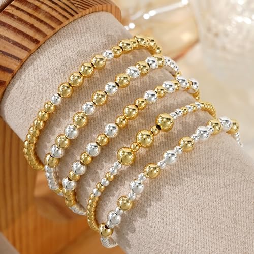 Gold Bracelets for Women Stackable 14K Gold Silver Plated Beaded Bracelets Stack Elastic Stretch Non Tarnish Bead Ball Stack Stretch Adjustable Dainty Jewelry Trendy Prom Gifts for Women - color: Gold Silver