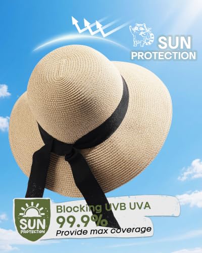 FURTALK Womens Beach Sun Straw Hat UV Protection Travel Packable Foldable Brim Summer UV Hat - color: Mixed Beige, size: Large-X-Large