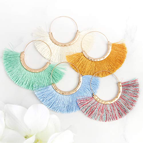 Bohemian Silky Thread Tassel Strand Fringe Statement Hoop Earrings - Lightweight Semi Circle Fan Threader, Mermaid Hoops - color: Halfmoon Tassel Hoops - Black