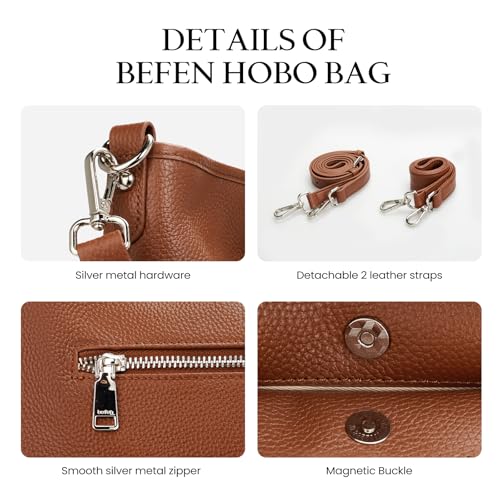 befen Genuine Leather Crossbody Hobo Purse for Women Soft Lightweight Leather Handbags with 2 Removable Straps - color: M-cognac Brown