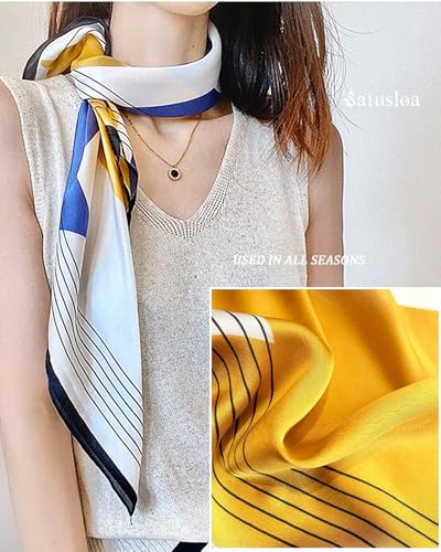 Saiusloa Neck Scarf For Womens Silky Head Scarves Hair Bandanas Square Scarf Fashion Accessories lightweight - color: 28-blue-yellow Geometry