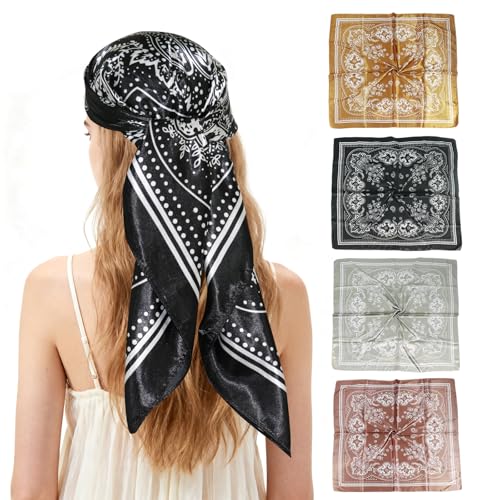Ciormis 35" Silk Head Scarf for Women, 4 Pcs Satin Hair Scarf Square Silk Bandana Top Neck Scarves Hair Wraps for Sleeping - color: D1-cashew-set16