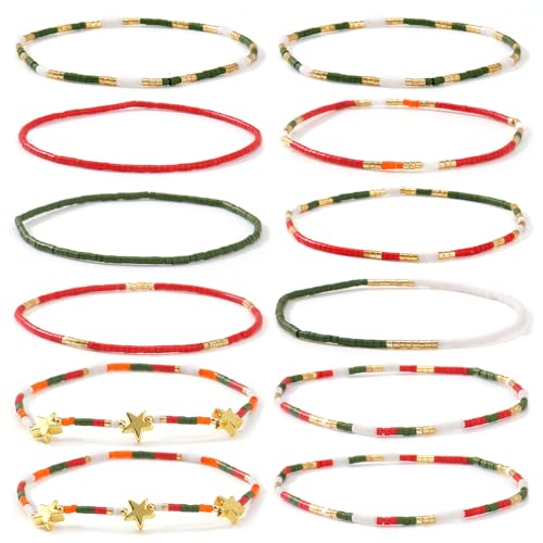 Dainty Gold Beaded Star Bracelets Stack for Women,Handmade Boho Colorful Beads Bracelet Fashion Prom Holiday Jewelry Gift Friendship Family - color: Christmas
