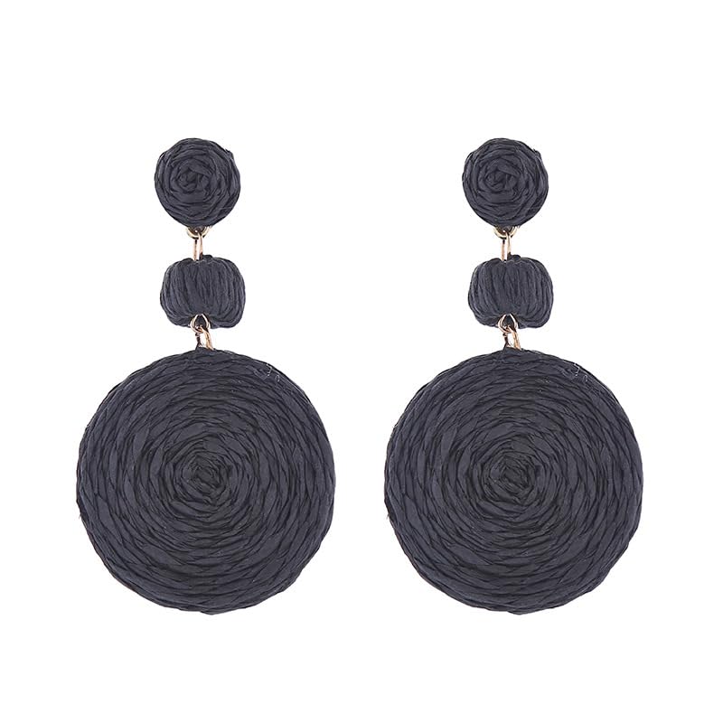 Boho Raffia Ball Earrings for Women, Handmade Statement Drop Earrings Straw Dangle Earrings Beach Vacation Jewelry - color: Black