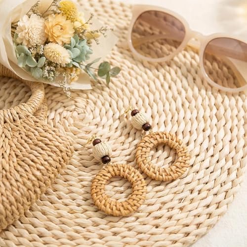 Woven Raffia Rattan Earrings for Women, Boho Flower Hoop & Drop Dangle Earrings Collection, Handmade Summer Beach Vacation Statement Earrings for Party Daily Wear - color: Rattan Bead Interlocking Hoop