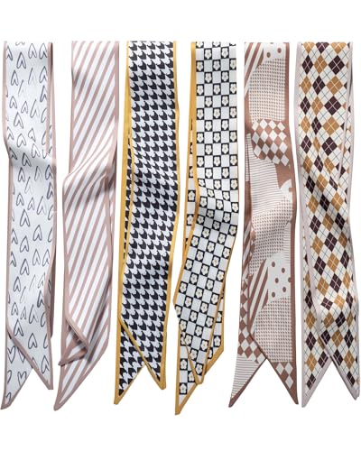 ZXZH 6 Pack Fashion Scarves for Women, Versatile Boho Head Scarf, Satin Scarf for Hair, Neck, Wrist, and Purse Accessories - color: Beige & Brown Geometric Mix