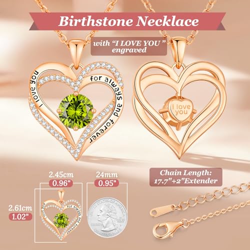 CDE Engraved Forever Love Heart Birthstone Necklace Jewelry Gifts for Women | Hypoallergenic,Nickel-Free & Lead-Free,3 x 3 mm 5A CZ Heart Pendant,Anniversary Christmas Birthday Gift for Girlfriend Wife - color: Birthstone-08-Aug, style: Rose Gold Plated-B