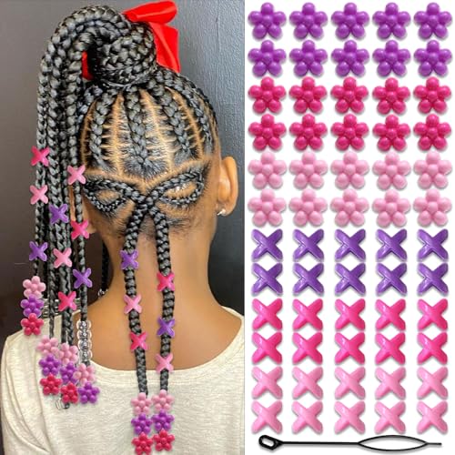 NAISKA 60Pcs Hot Pink Flower Hair Beads for Kids Purple Beads for Hair 3 Color Hair Beads for Braids Small Pony Dreadlock Beads Acrylic Beads Girls Braid Clips Accessories - color: Purple, Pink, Rose Red