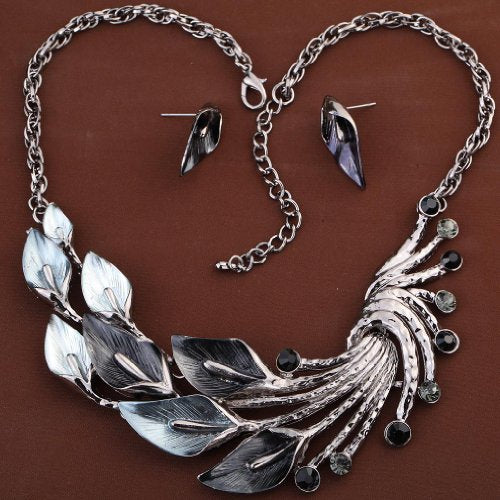 YAZILIND Ethnic Style Tibetan Silver Peacock Crystal Chunky Bib Earrings Necklace Set Wedding Party - color: Black