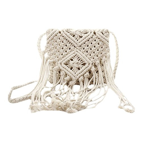 Goclothod Women Crochet Fringed Shoulder Bag Cotton Tassel Crossbody Bag Hippie Beach Purse - color: White