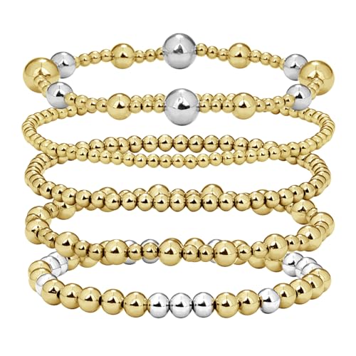 Gold Beaded Bracelets for Women: 14K Gold Bracelets for Women Trendy Dainty Gold Ball Bracelet Stack for Womens - Boho Stretch Bracelets Jewelry Sets with Cross Fashion Accessories Gifts for Women - style: Silver Bead