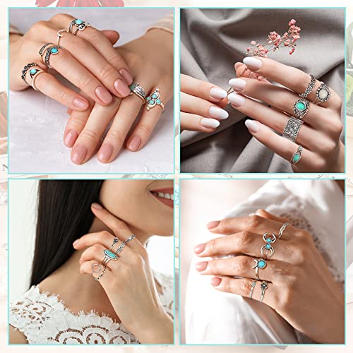 Huquary 84 Pcs Vintage Turquoise Rings for Women Bohemian Silver Oval Gemstone Western Boho Stackable Joint Knuckle Midi Stacking Rings Set for Women Girls Gifts