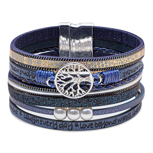 Leather Wrap Bracelet for Women, Boho Cuff Bracelet with Strong Clasp, Multi-Layer Crystal Leather Bracelet for Valentine Mother's Day - color: 02-Tree of Life-Blue