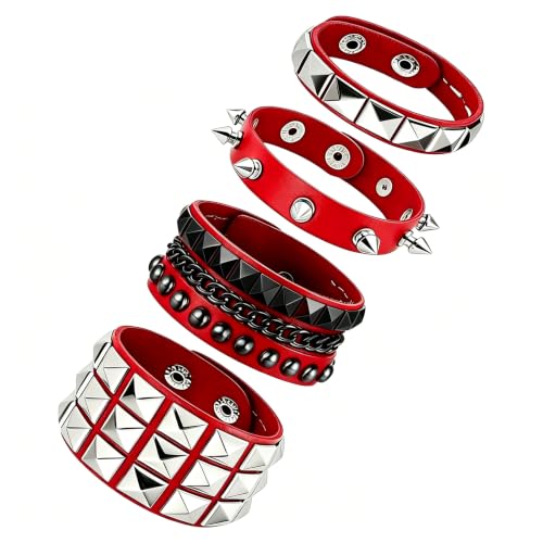 Handmade Black Leather Wrap Studded Bracelets for Women Men, 4Pcs Vintage Punk Wrist Cuff Bangle Wristband Emo Jewelry Gifts - style: Red Square Stud Style