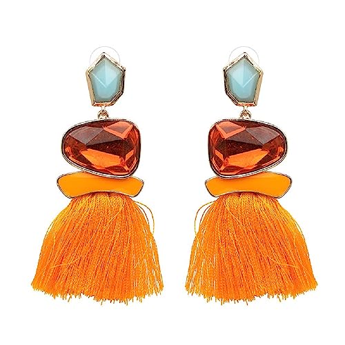 Vintage Long Tassel Drop Dangle Earrings Rhinestone Water Heart Leaf Shaped Boho Statement National Ethnic for Women Multicolor Boho Jewelry - color: Orange
