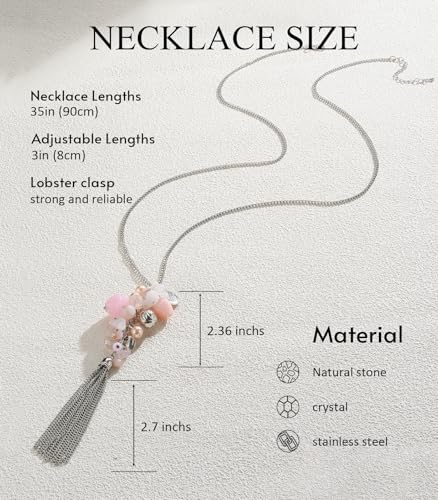 Noessla Boho Long Pendant Necklaces for Women Silver Tassel Long Necklace Sweater Chain Mothers Day Gifts Silver Costume Jewelry for Women - color: Pink Crystal