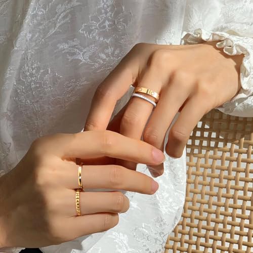 Stackable Gold Rings for Women - 18K Gold Plated Rings Set, Non Tarnish Stainless Steel Cubic Zirconia Friendship Band Stack Rings Trendy Jewelry, Christmas Birthday Party Gifts for Her Girlfriend - color: Gold