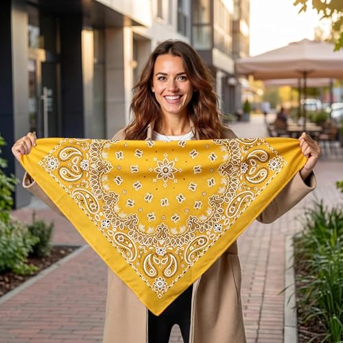 Junvena 27 Inch Extra Large Bandana 100% Cotton,Soft Thin Breathable Headband for Men Women, Solid & Paisley - color: Golden 3 Pack