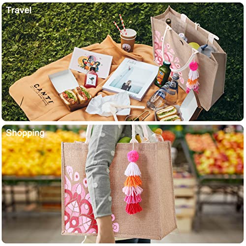 itgowisa Jute Beach Bag for Women, Burlap Beach Tote Bag with Tassel Pocket, Summer Gift for Vacation, Pool, Cruise & Grocery | Jute material - color: Pink Tassel
