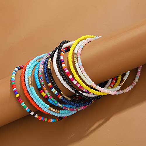 XIJIN 8Pcs Handmade Beaded Anklets for Women Boho Colorful Beads Ankle Bracelets Adjustable Foot Anklet Set - color: G