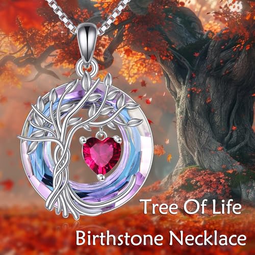 POPLYKE Mothers Day Gifts for Mom Her Wife Tree of Life Necklace 925 Sterling Silver Birthstone Pendant with Crystal Anniversary Birthday Wedding Jewelry for Women - color: 07-Jul-Ruby, style: White Gold Plated-Amethyst Crystal