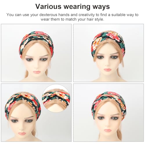 DRESHOW 6 Pack Boho Non-Slip Headbands for Women Girls Yoga Workout Running Knotted Turban Floral Printed Elastic Head Wrap - color: 6 Pack: Floral Printed a