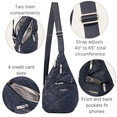 Baggallini Mini Sling - 12x7 Sling Crossbody Bag Backpack with Adjustable Shoulder Strap - color: French Navy Quilt