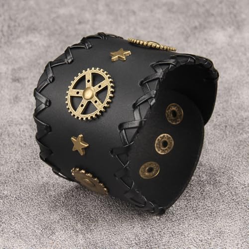 GelConnie Punk Leather Cuff Bracelet Adjustable Straps Wrap Bracelets Arm Armor Cuff Gothic Leather Wristbands for Men, Women - color: MLPB108-Black