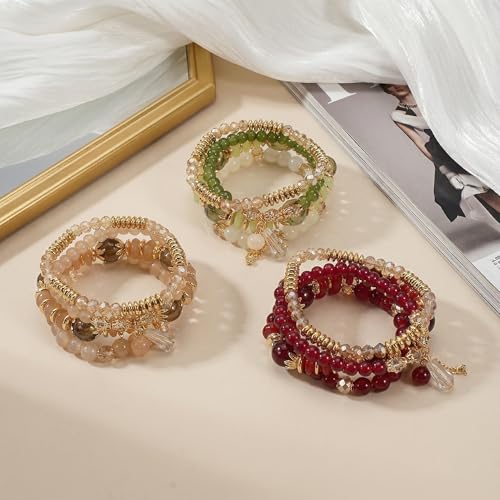 Bohemian Bracelet Sets for Women - 4-Pack Stackable Stretch Bead Bracelets with Black＆White Crystal & Gold Accessories, Multi-Layer Boho Jewelry - color: 6pack sets