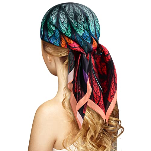 Stlvoll 100% Silk Head Scarf for Women - 27" Hair Scarves Satin Bandanas Square for Night Sleeping with Gift Packed - color: Blue/Red/Feather