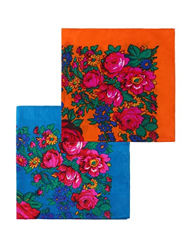 MJ SERECA Acrylic Bandana Printed Hair Scarf Square Ukrainian Head Scarf Floral Babushka Neck Scarf for Women 30"/42"/60" - color: 2 Pack-b 42"