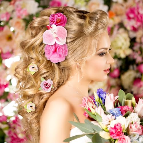 BBTO 21 Pcs Flower Hair Clip Rose Hair Clips Barrettes for Women Flower Accessories Boho Bride Claw Clip Hairpin Brooch Pin Headpiece for Wedding (Pink Series) - color: Pink Series