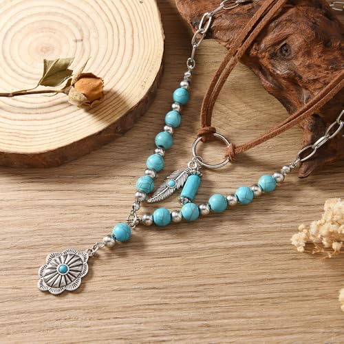 ONLYJUMP Boho Turquoise Leather Choker Necklace for Women Bohemian Handmade Leaf Layered Black Brown Suede Western Cowlady Necklace Western Country Party Jewelry Gifts - style: Feather