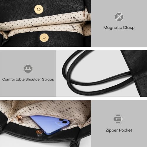 KKXIU Tote Bag for Women Vegan Leather Shoulder Purse Large Capacity Travel Bag - color: Black