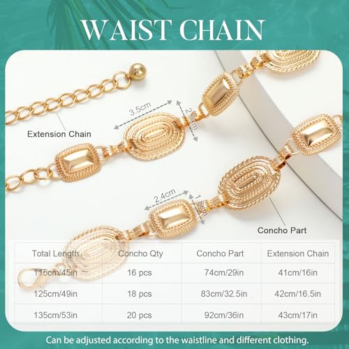 FIORETTO Western Waist Chain Belt Metal Concho Belt for Women Cowgirl Cowboy Boho Country Belt for Dress Jean - color: Gold-15, size: Fit Waist Up to 38"