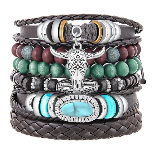 Turquoise Leather Western Bracelets for Women Men Bohemian Retro Turquoise Wrap Bracelets Exquisite Layered Stacked Cowboy Cowgirl Bracelet Western Country Concert Outfits Leather Cuff Bracelet for Women - style: Bull Head
