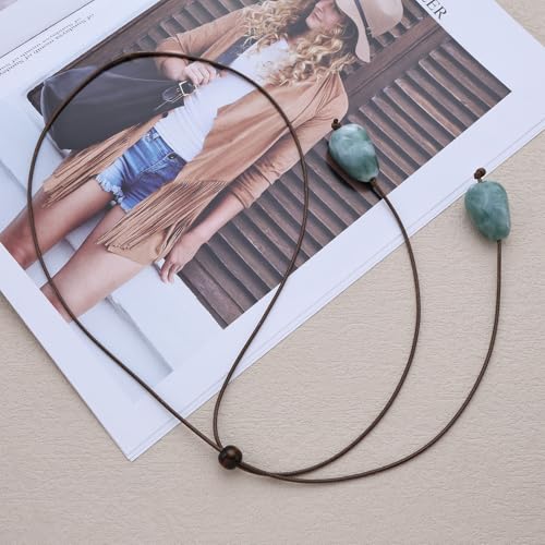 Boho Long Leather Necklace for Women Green Resin Stone Pendant Necklace Vintage Sweater Necklaces Hippie Handmade Necklaces Jewelry Accessories - color: Green