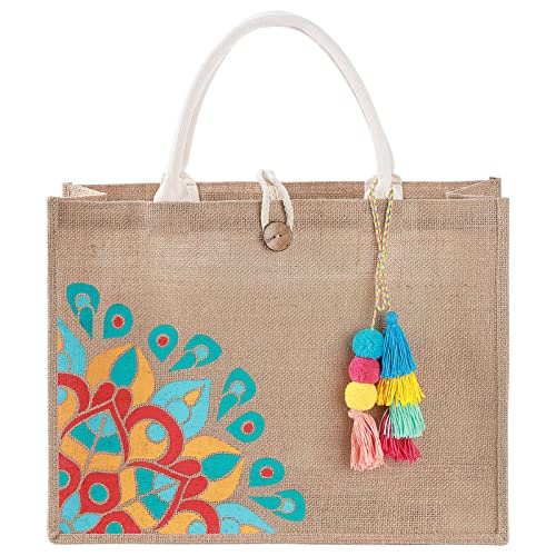 itgowisa Jute Beach Bag for Women, Burlap Beach Tote Bag with Tassel Pocket, Summer Gift for Vacation, Pool, Cruise & Grocery | Jute material - color: Colorful Tassel