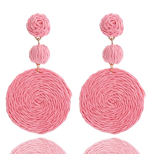 Boho Raffia Ball Earrings for Women, Handmade Statement Drop Earrings Straw Dangle Earrings Beach Vacation Jewelry - color: Pink
